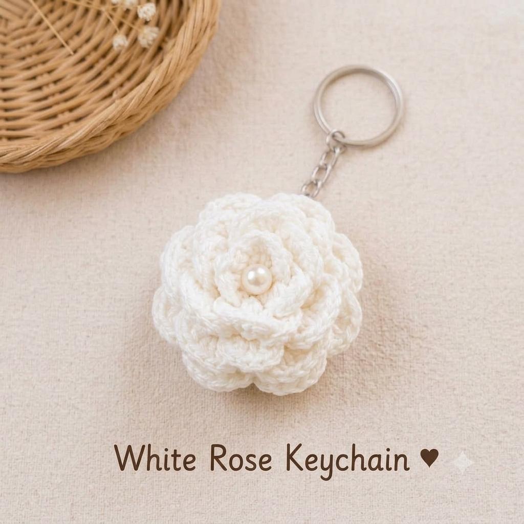 Handmade Crochet White Rose & Keychain