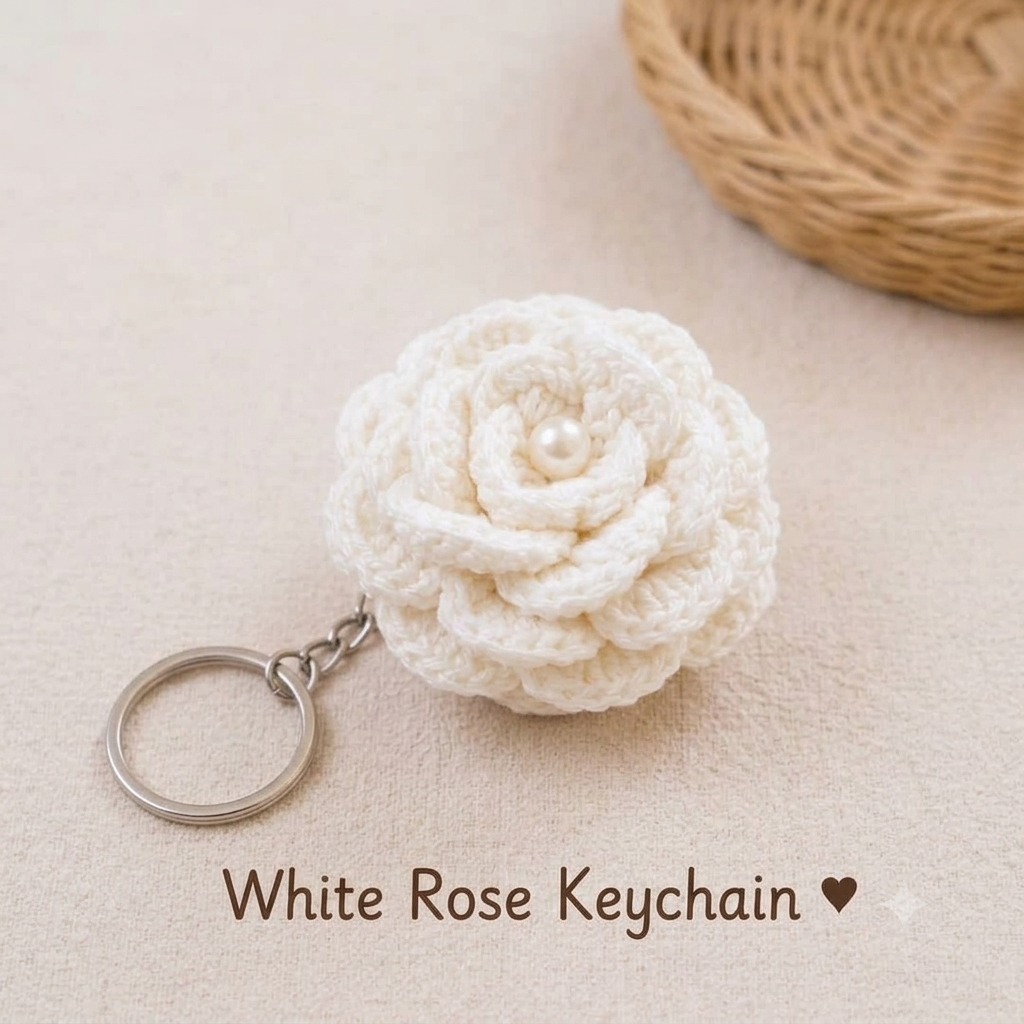 Handmade Crochet White Rose & Keychain