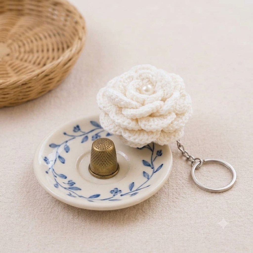 Handmade Crochet White Rose & Keychain