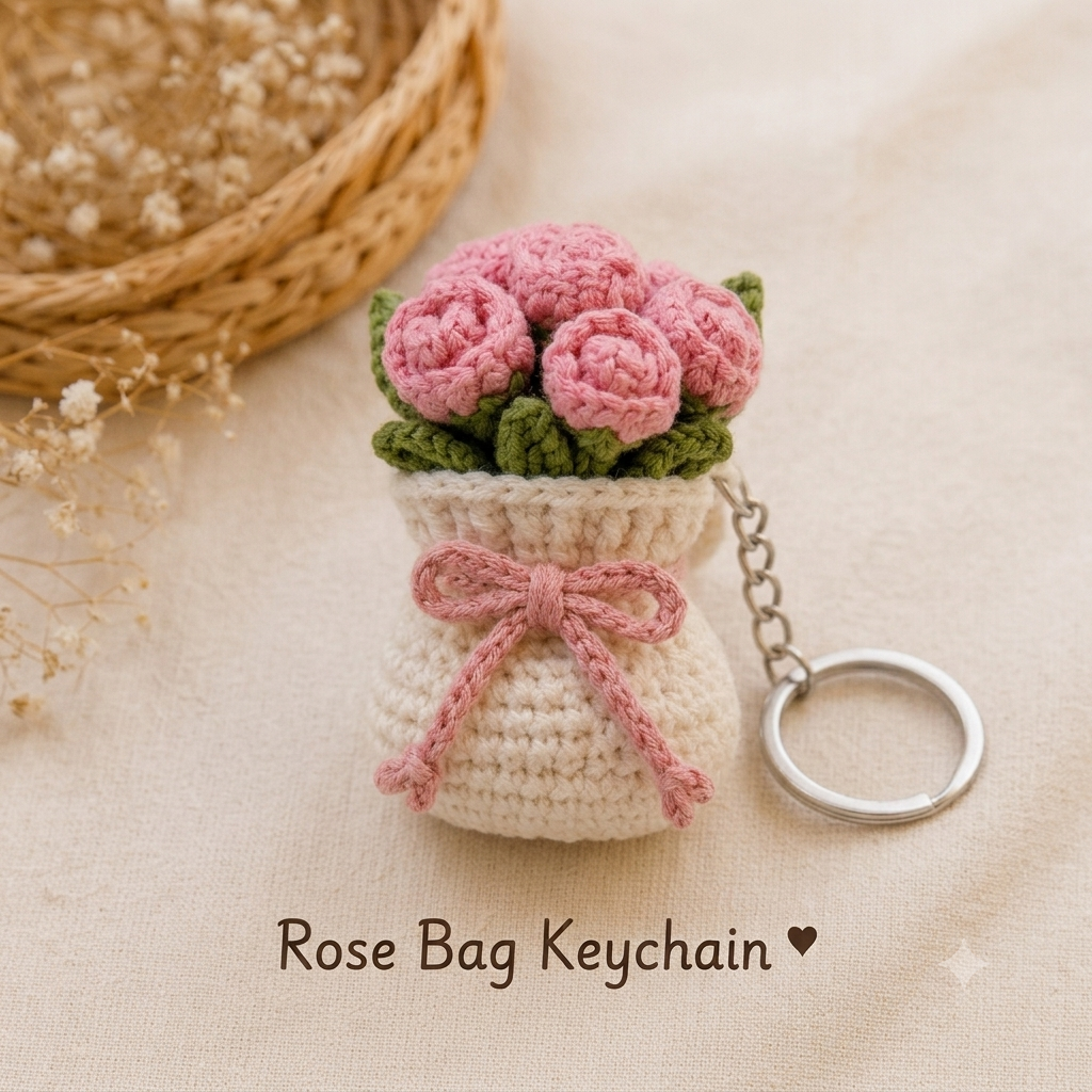 Handmade Crochet Boba Tea Mug & Cloud & Rose Bag Keychain (Combo Pack)