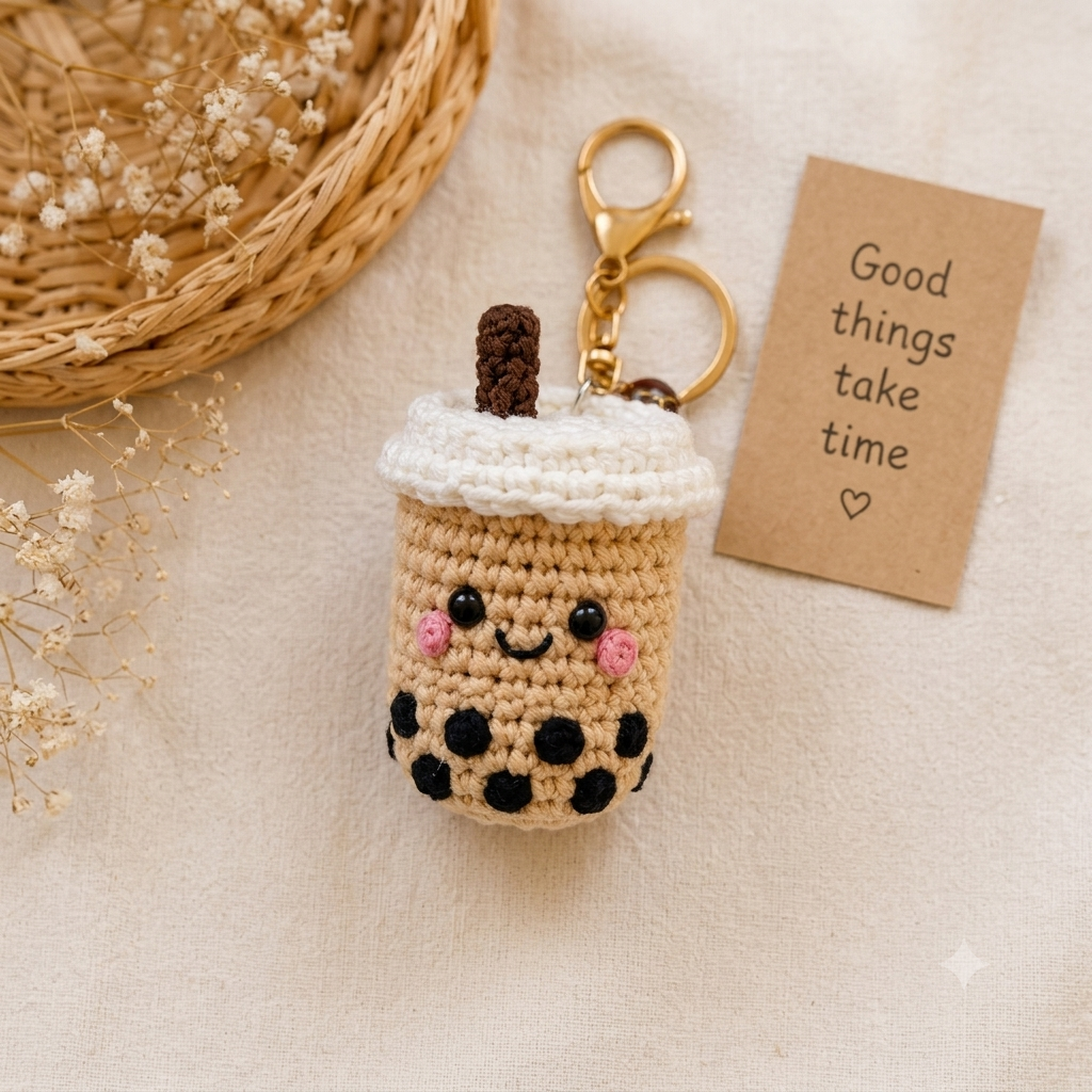 Handmade Crochet Boba Tea Mug & Cloud & Rose Bag Keychain (Combo Pack)