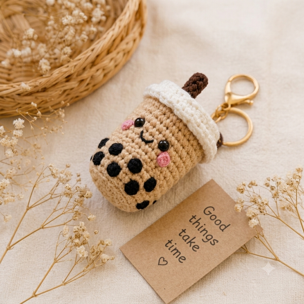 Handmade Crochet Boba Tea Mug & Keychain