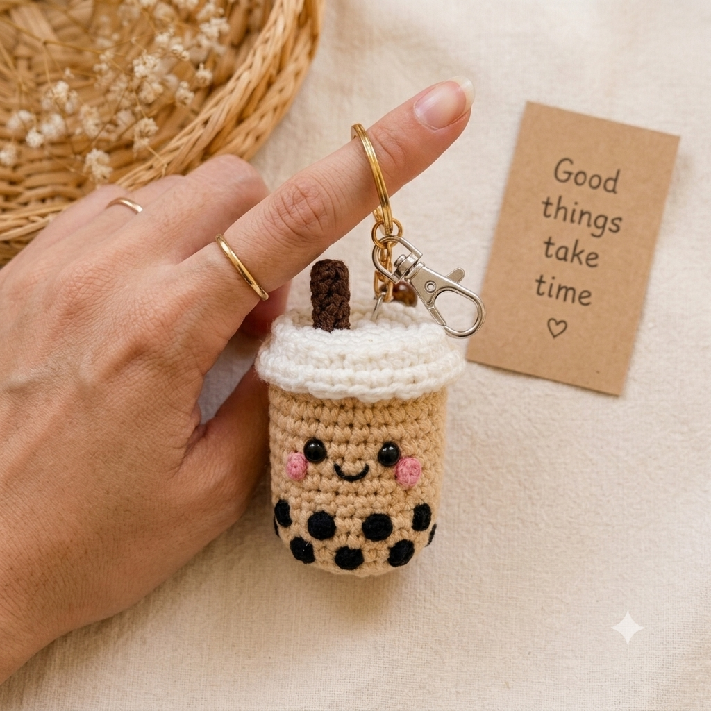Handmade Crochet Boba Tea Mug & Keychain