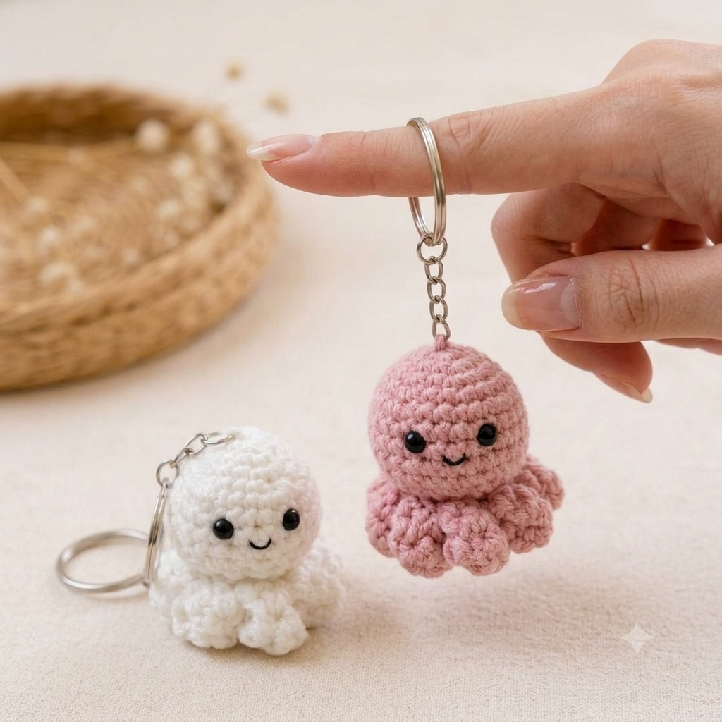 Handmade Crochet Little Octopus & Keychain (Pair of 2)