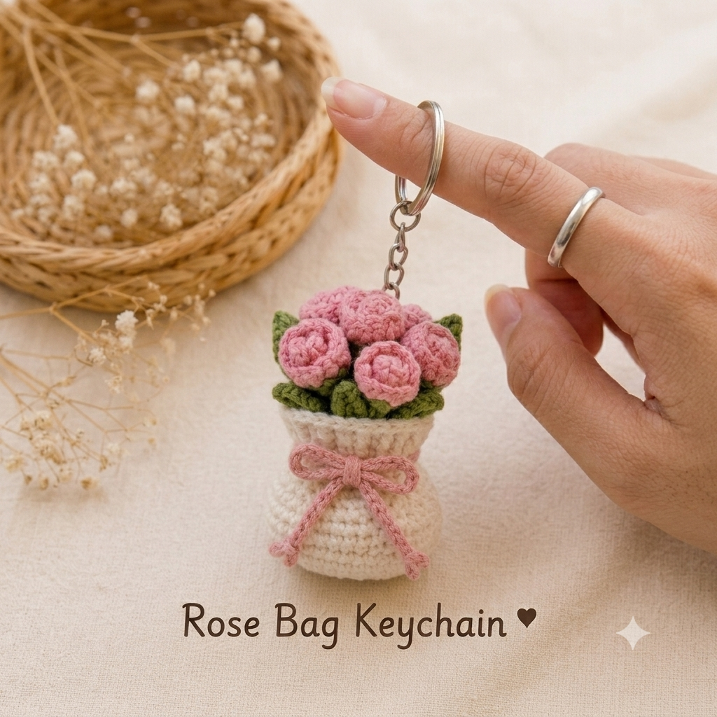 Handmade Crochet Rose Bag Charm & Keychain