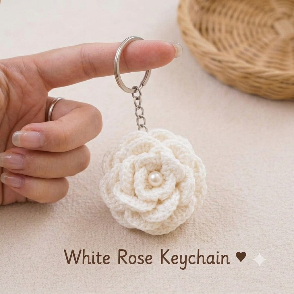 Handmade Crochet White Rose & Keychain