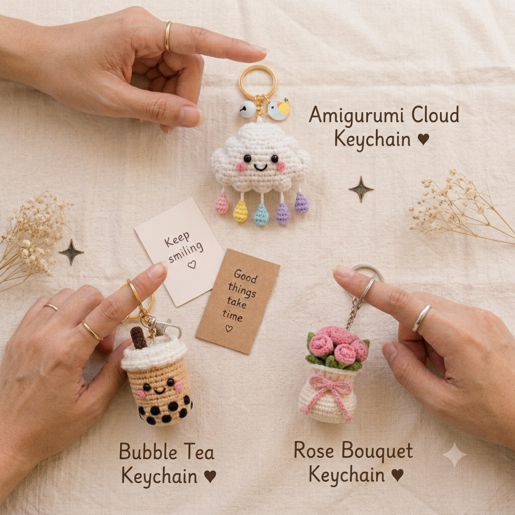 andmade Crochet Keychain Set – Boba Tea, Cloud & Rose (Pack of 3)
