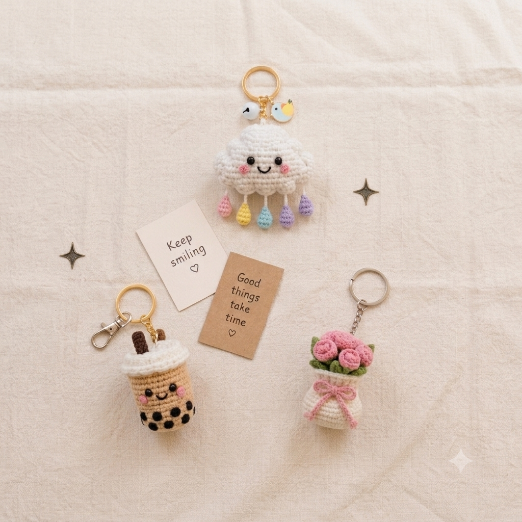 Handmade Crochet Boba Tea Mug & Cloud & Rose Bag Keychain (Combo Pack)