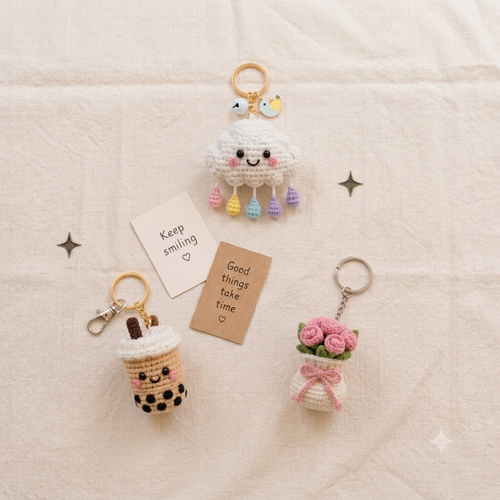 Handmade Crochet Boba Tea Mug & Cloud & Rose Bag Keychain (Combo Pack)