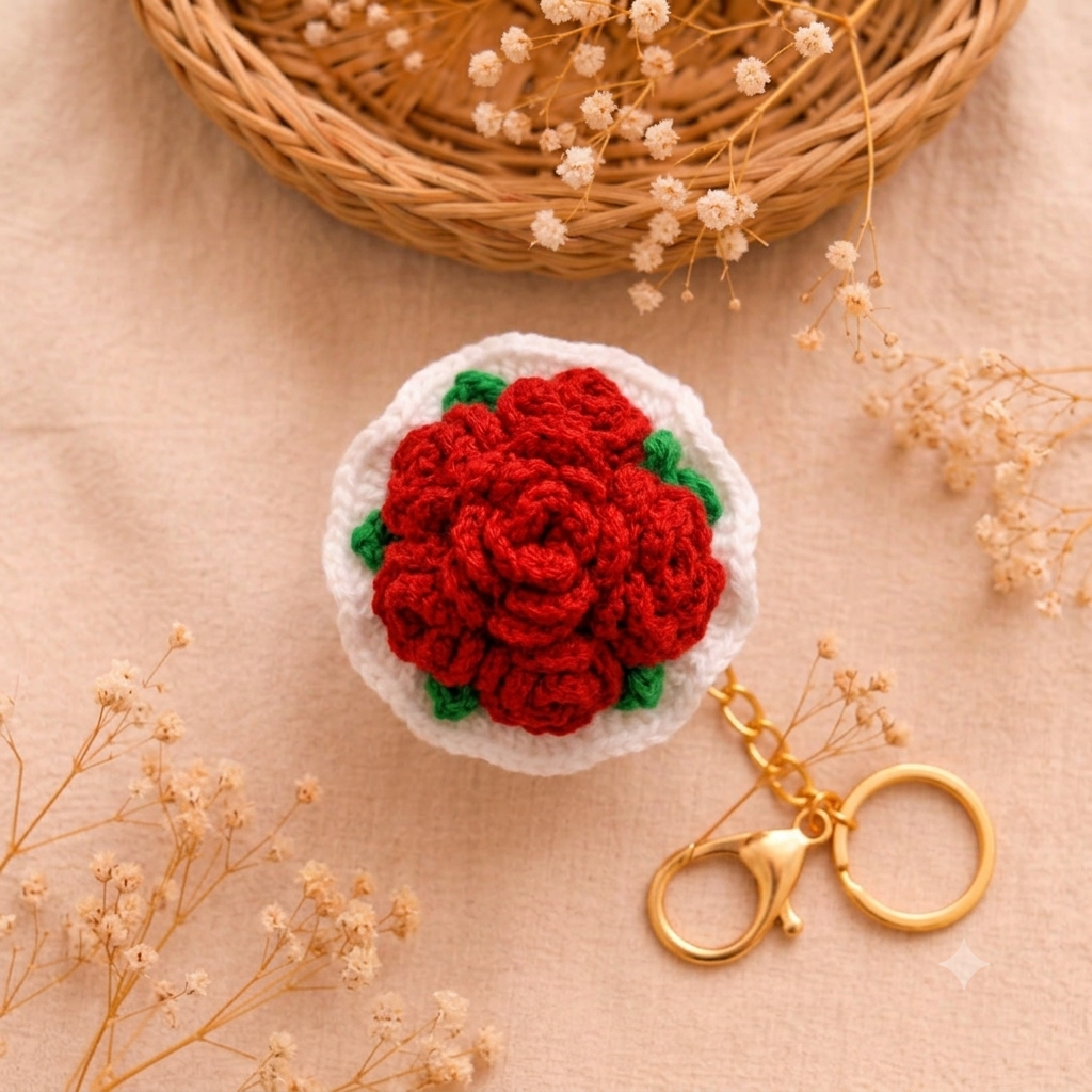 Handmade Crochet Red Rose & Keychain