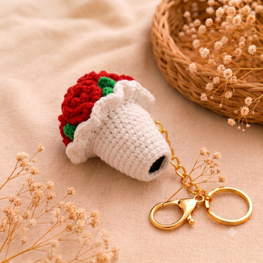 Handmade Crochet Red Rose & Keychain