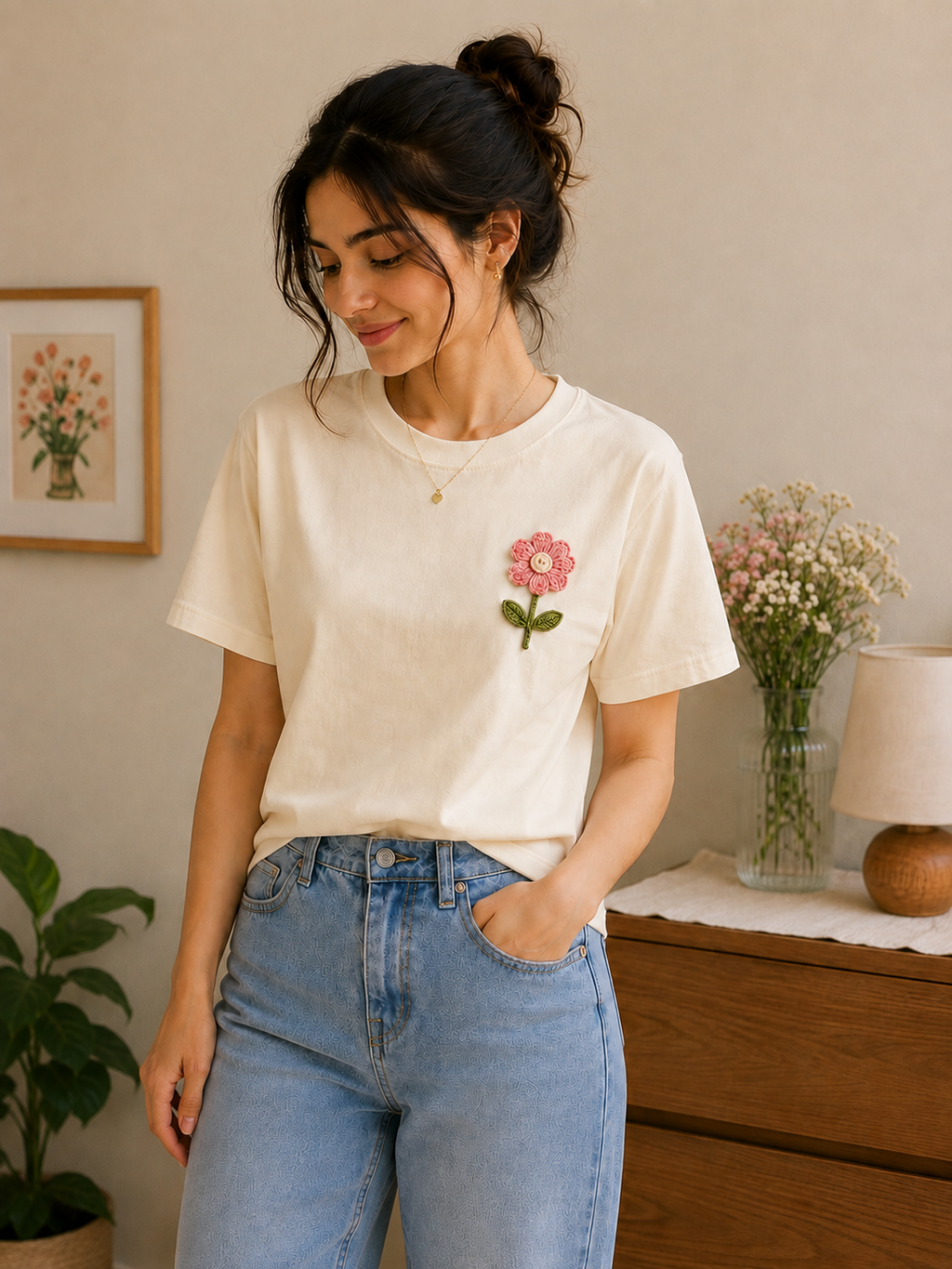 Handcrafted Crochet Daisy Cotton T-Shirt