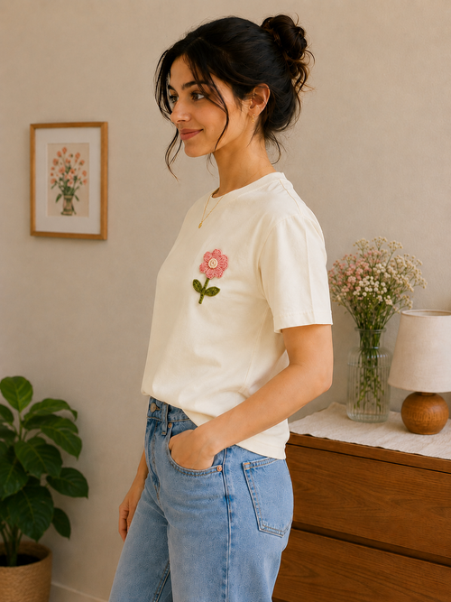 Handcrafted Crochet Daisy Cotton T-Shirt