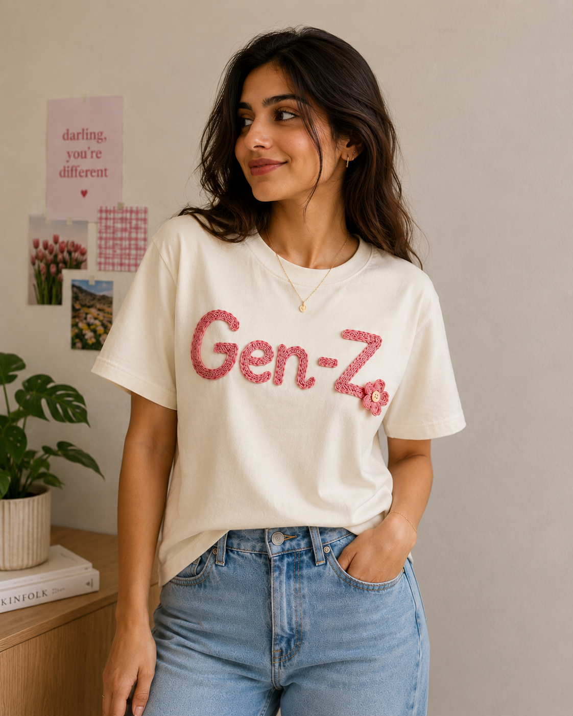 Handcrafted "Gen-Z" Crochet Lettering Cotton T-Shirt