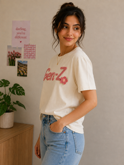 Handcrafted "Gen-Z" Crochet Lettering Cotton T-Shirt