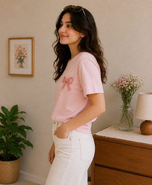 Handcrafted Crochet Ribbon Bow Pink Cotton T-Shirt