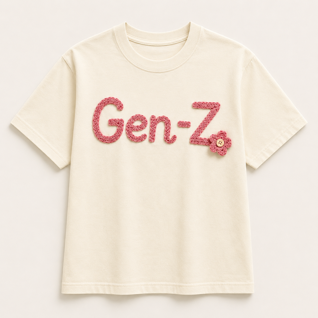 Handcrafted "Gen-Z" Crochet Lettering Cotton T-Shirt