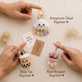 Handmade Crochet Keychain Set – Boba Tea, Cloud & Rose (Pack of 3)