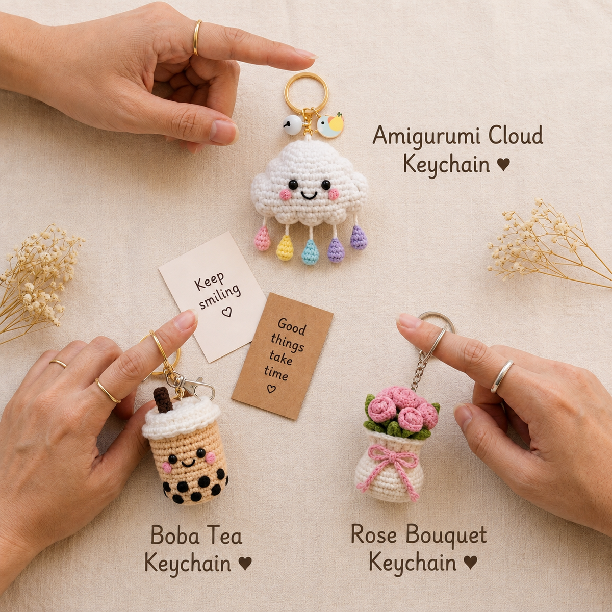 Handmade Crochet Keychain Set – Boba Tea, Cloud & Rose (Pack of 3)