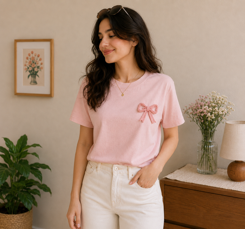 Handcrafted Crochet Ribbon Bow Pink Cotton T-Shirt