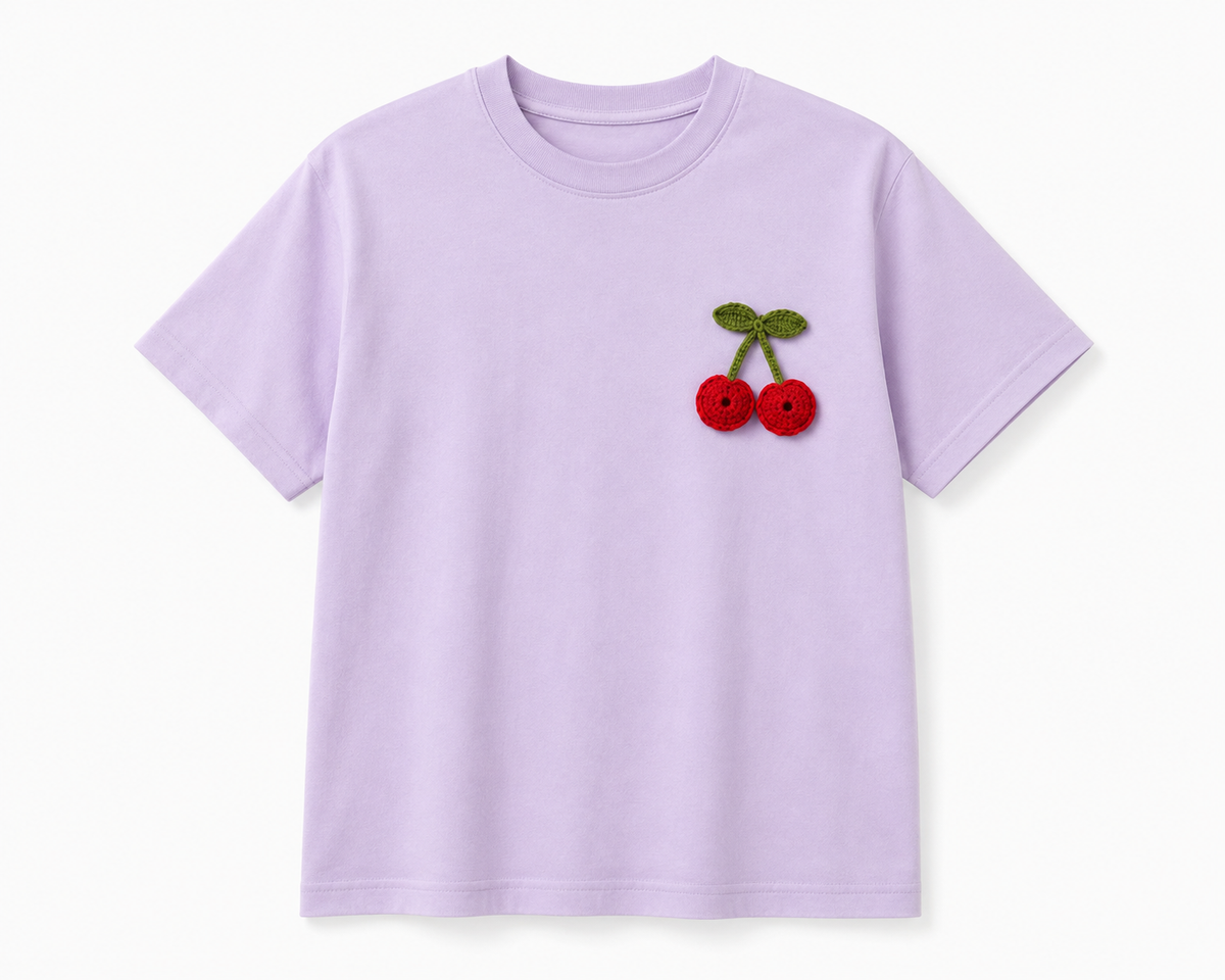 Handcrafted Crochet Cherry Lavender Cotton T-Shirt
