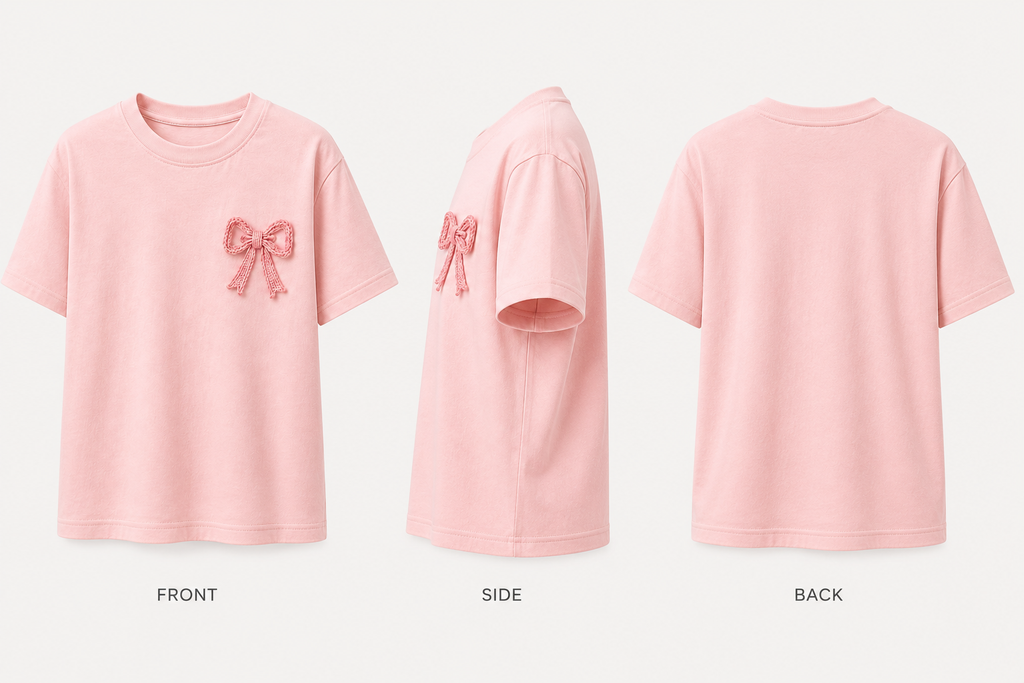 Handcrafted Crochet Ribbon Bow Pink Cotton T-Shirt