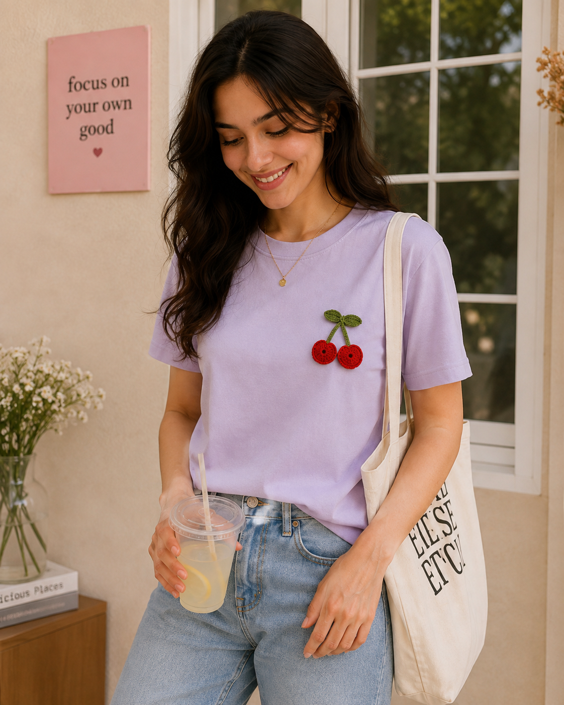 Handcrafted Crochet Cherry Lavender Cotton T-Shirt
