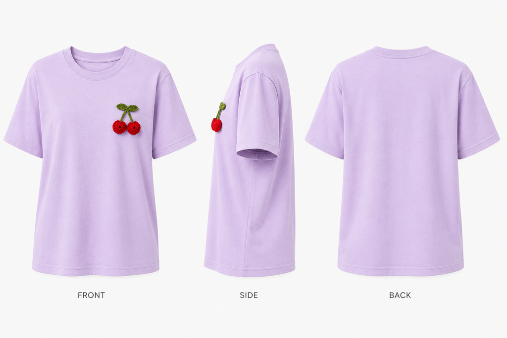Handcrafted Crochet Cherry Lavender Cotton T-Shirt
