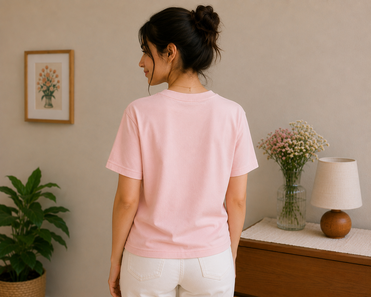 Handcrafted Crochet Ribbon Bow Pink Cotton T-Shirt