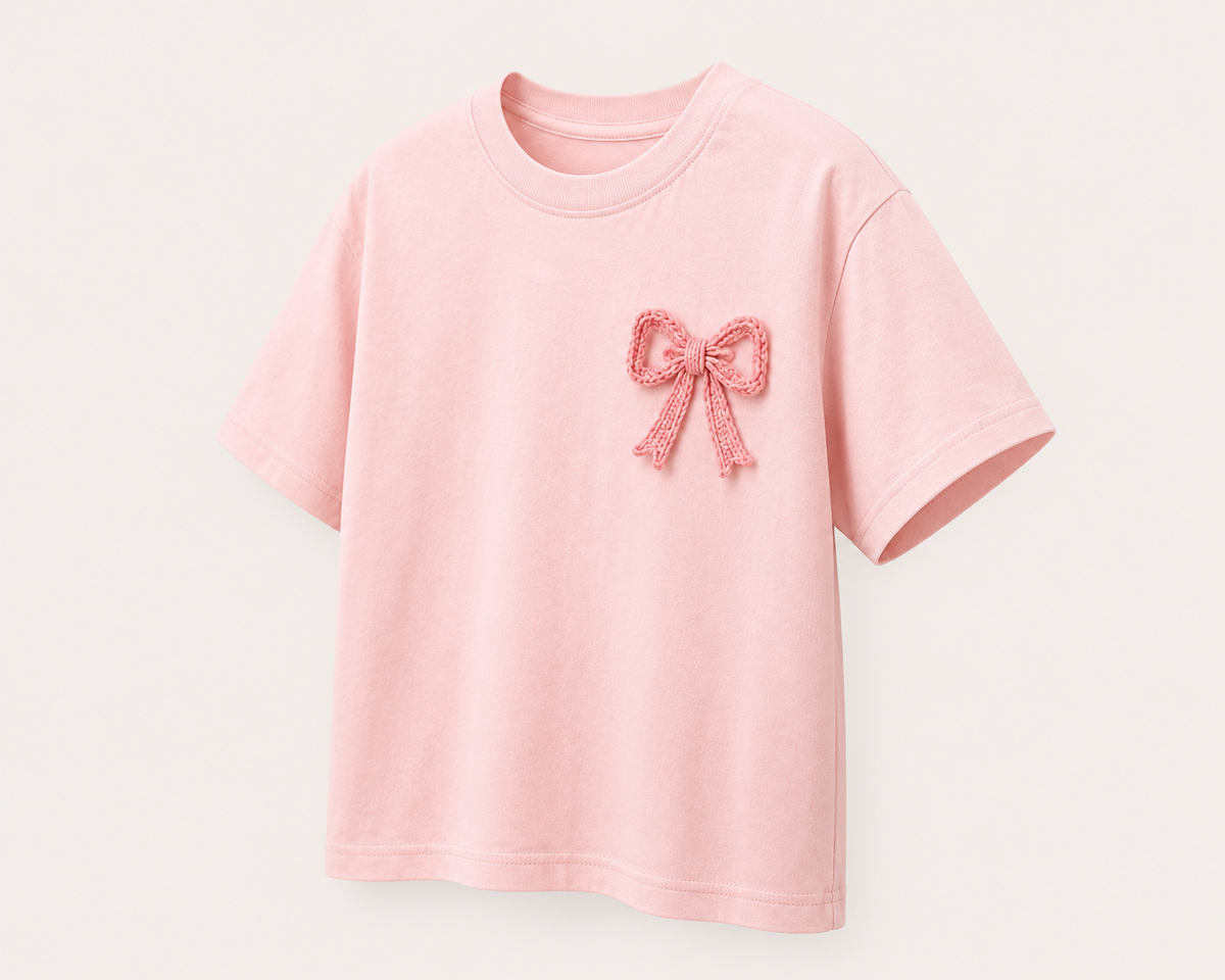Handcrafted Crochet Ribbon Bow Pink Cotton T-Shirt