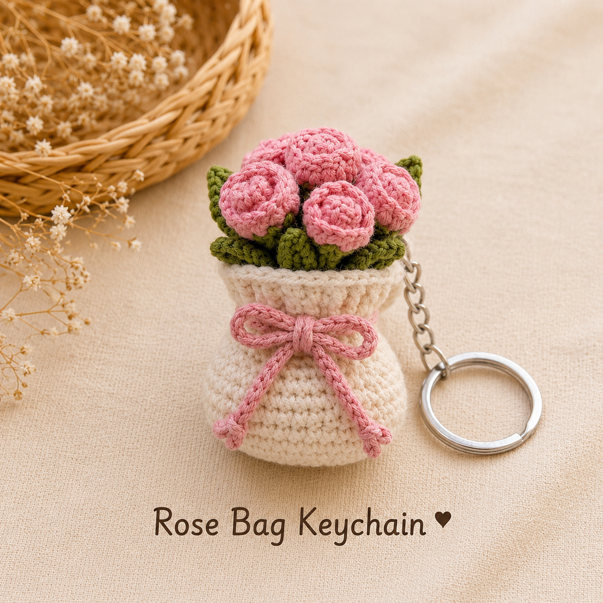Handmade Crochet Keychain Set – Boba Tea, Cloud & Rose (Pack of 3)