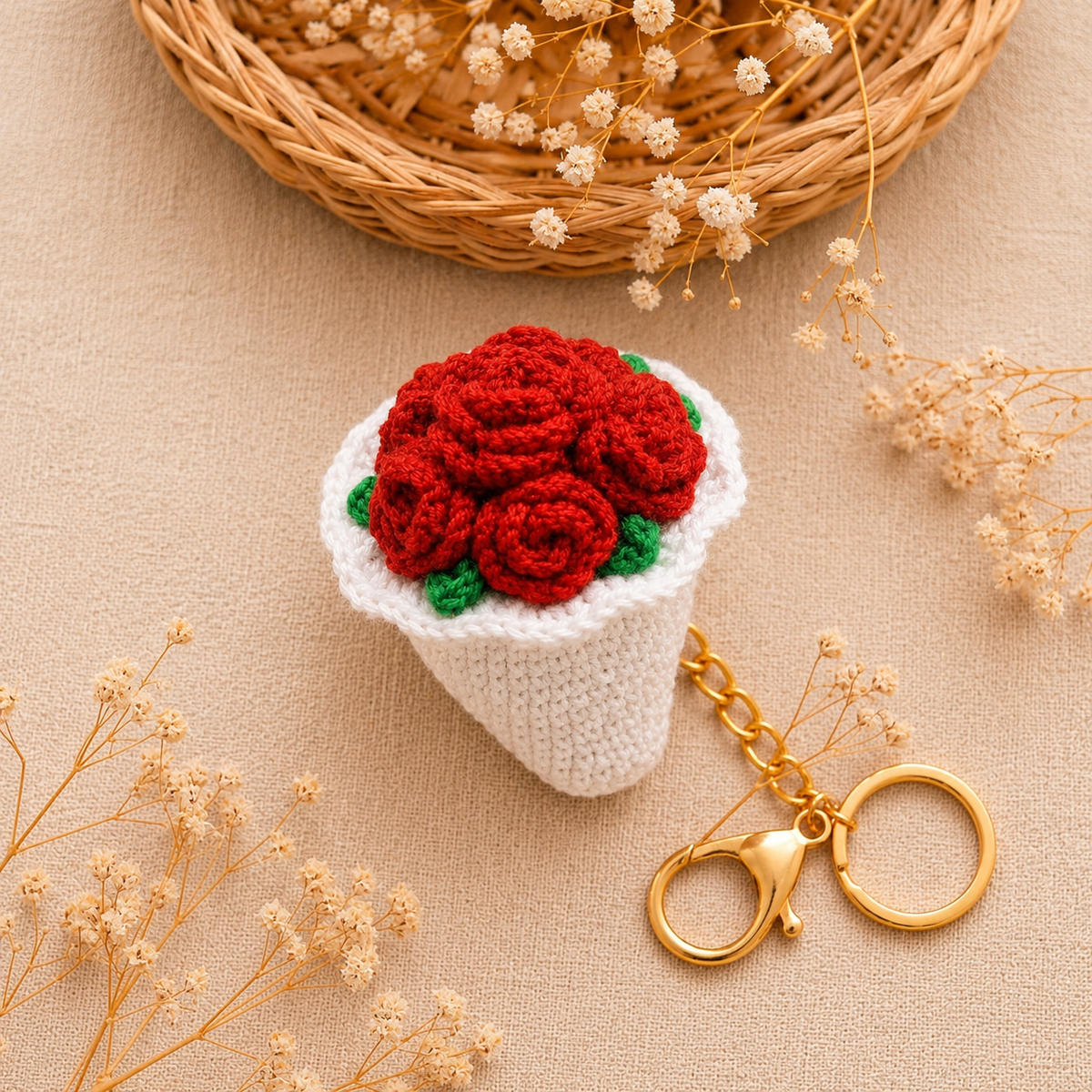 Handmade Crochet Red Rose & Keychain