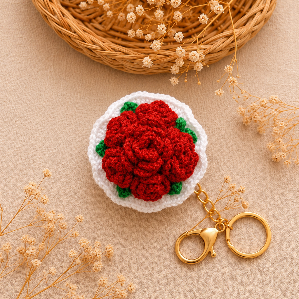 Handmade Crochet Red Rose & Keychain