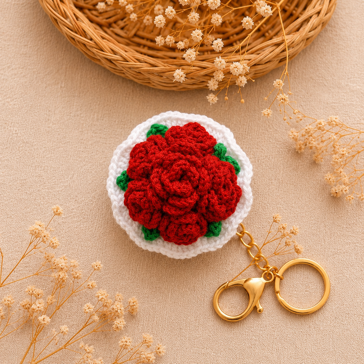 Handmade Crochet Red Rose & Keychain