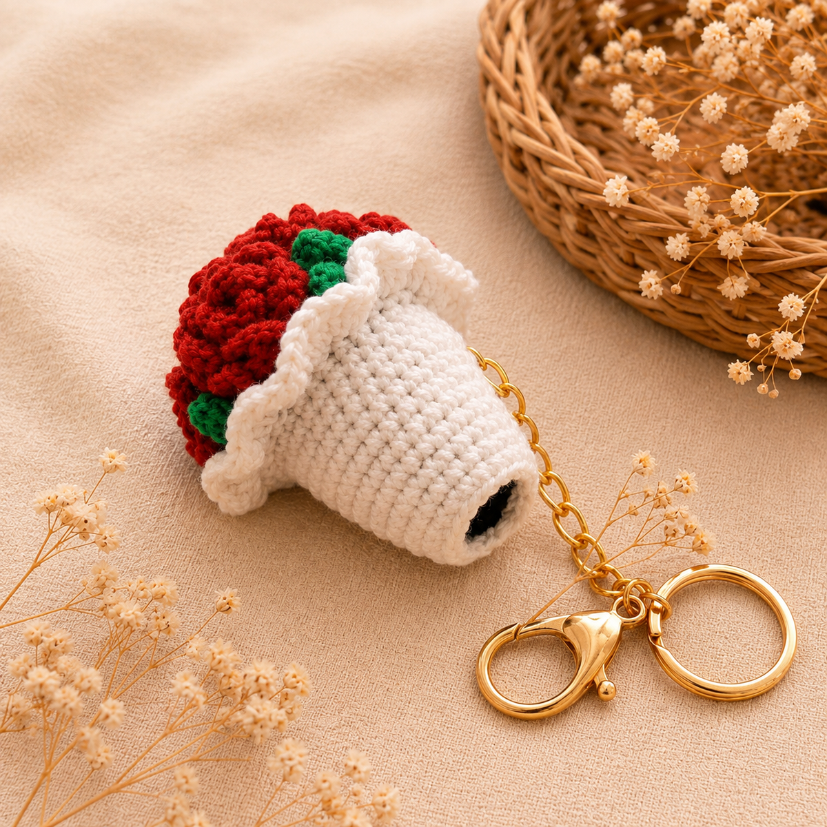 Handmade Crochet Red Rose & Keychain
