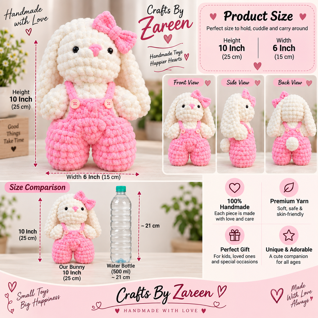 Handmade Crochet Bunny in Pink Overalls – 10 Inch | Crafts By Zareen