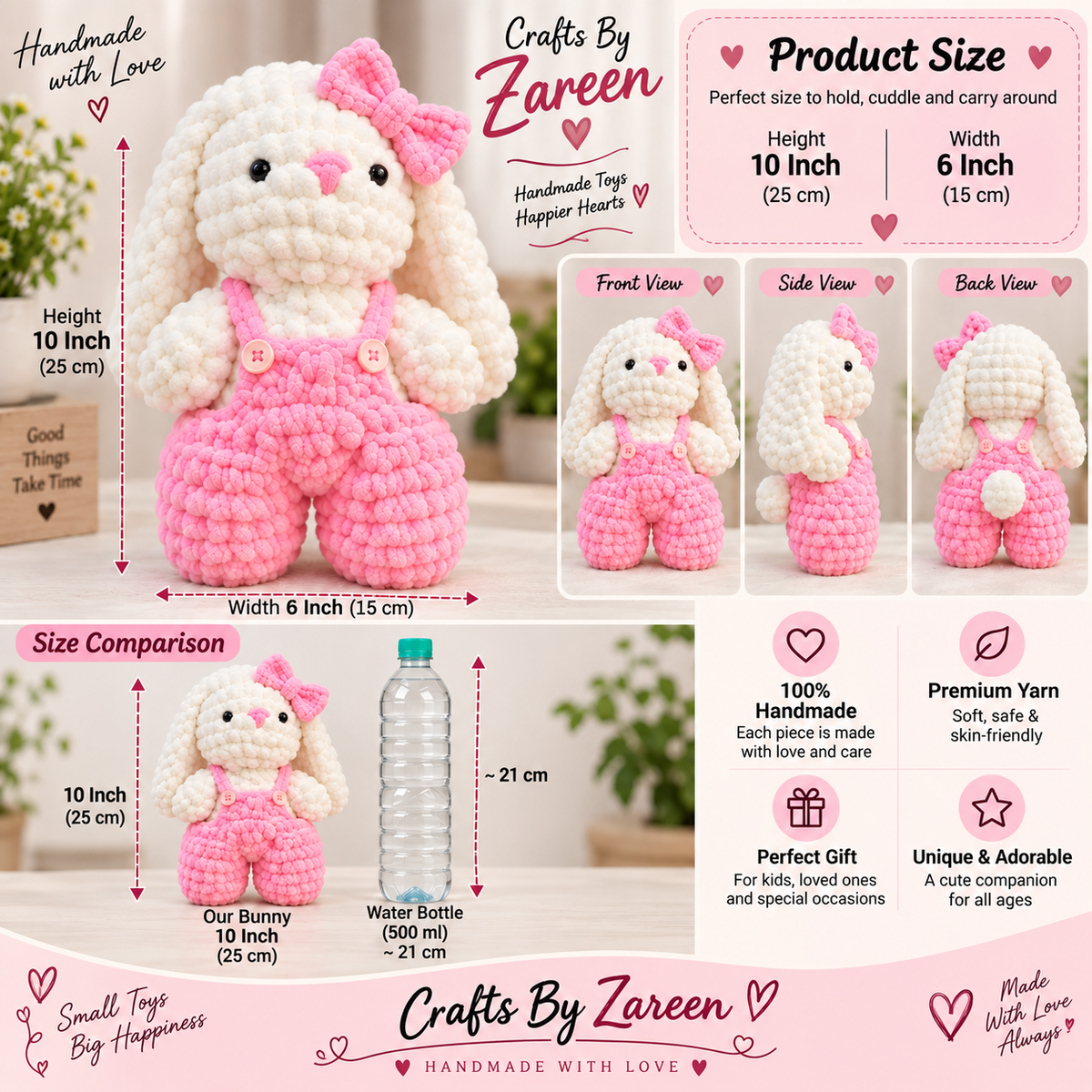 Handmade Crochet Bunny in Pink Overalls – 10 Inch | Crafts By Zareen