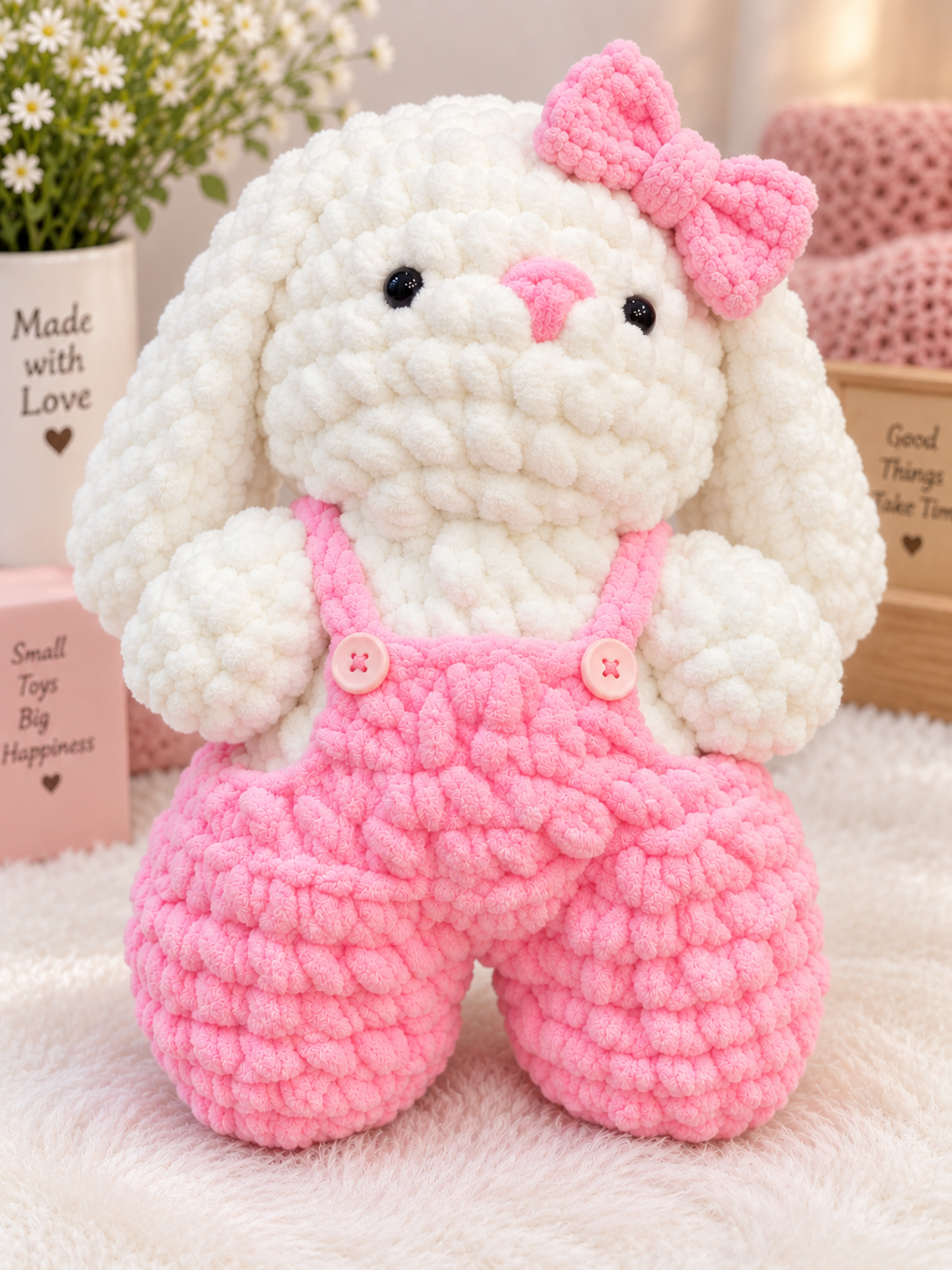 Handmade Crochet Bunny in Pink Overalls – 10 Inch | Crafts By Zareen
