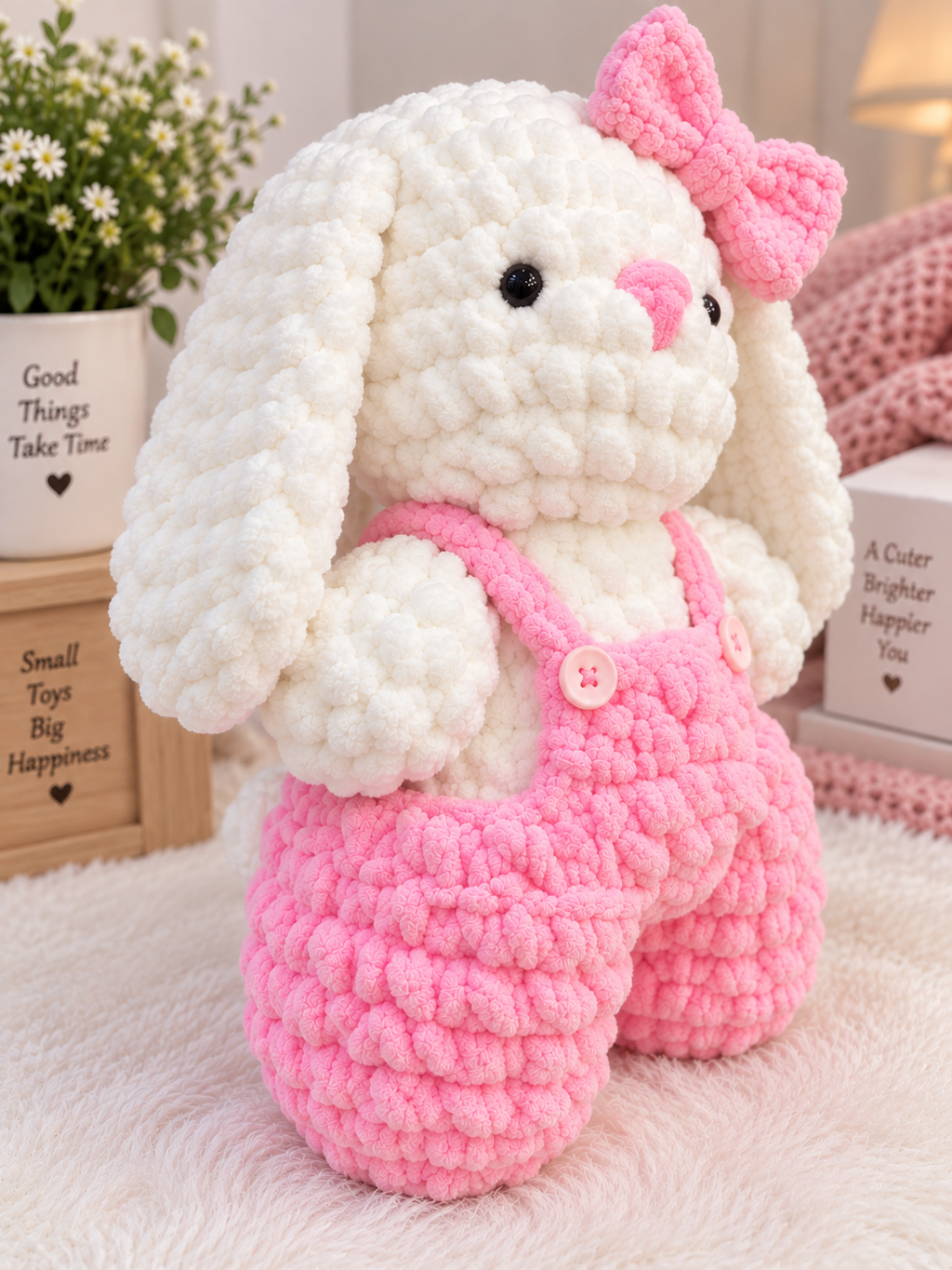 Handmade Crochet Bunny in Pink Overalls – 10 Inch | Crafts By Zareen
